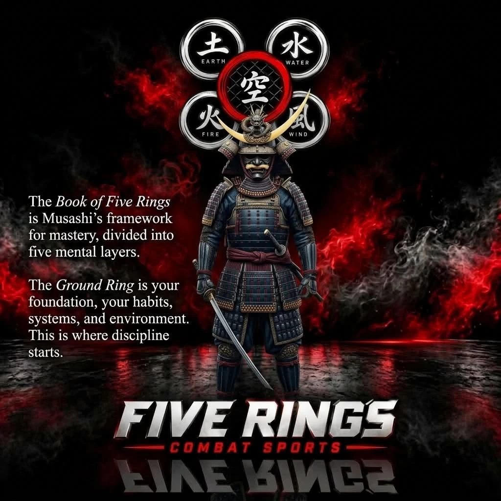 Samurai in armor beneath the Five Rings emblem